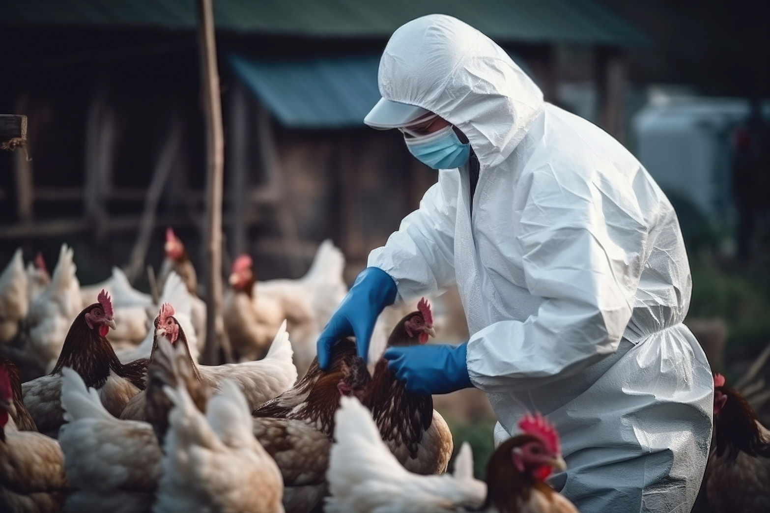 Person in hazmat suit looking at chickens.